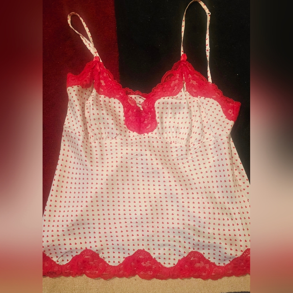 Silk Cami Top White & Red Heart Print Red Lace  Large